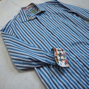 Robert Graham Sz XL Blue Striped Casual Button Down Shirt 100% Cotton